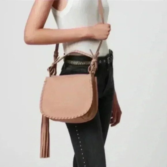 All Saints Handbags - All Saints Light Brown Mori Lea Pebbled Cow Leather Crossbody Tassel Bag